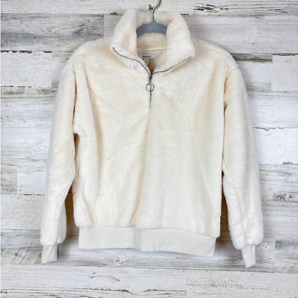 Nine West Womens XS Cream Faux Fur Half Zip Cozy Pullover Sweatshirt NEW